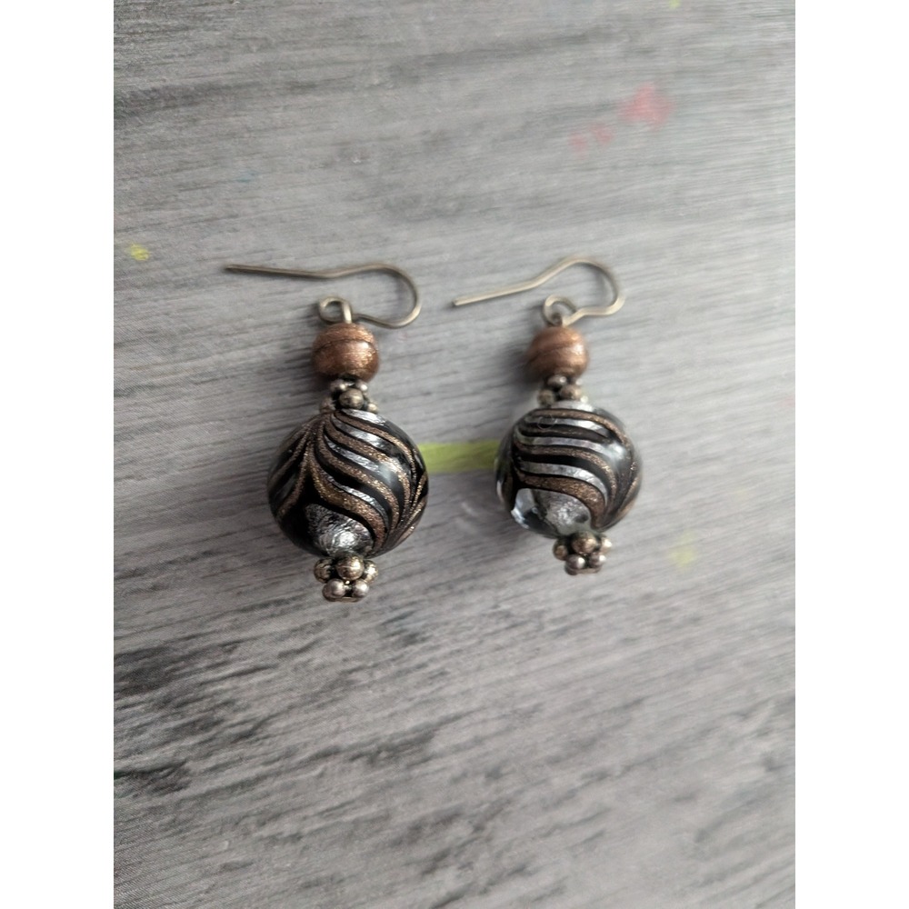Handcrafted Mixed Metal Glass Bead Drop Earrings Boho Swirl Zebra Pattern